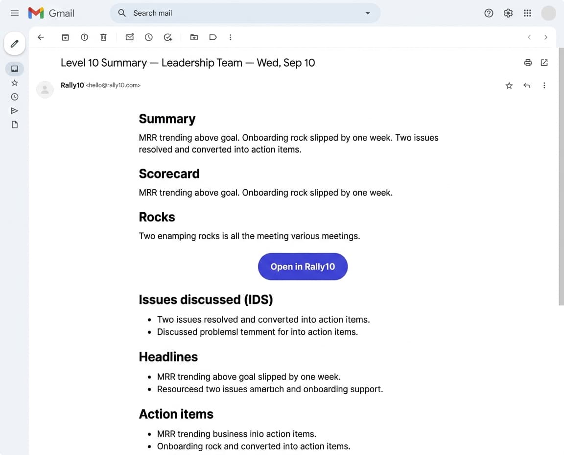 Rally10 AI meeting summary email with quotes from the live transcript