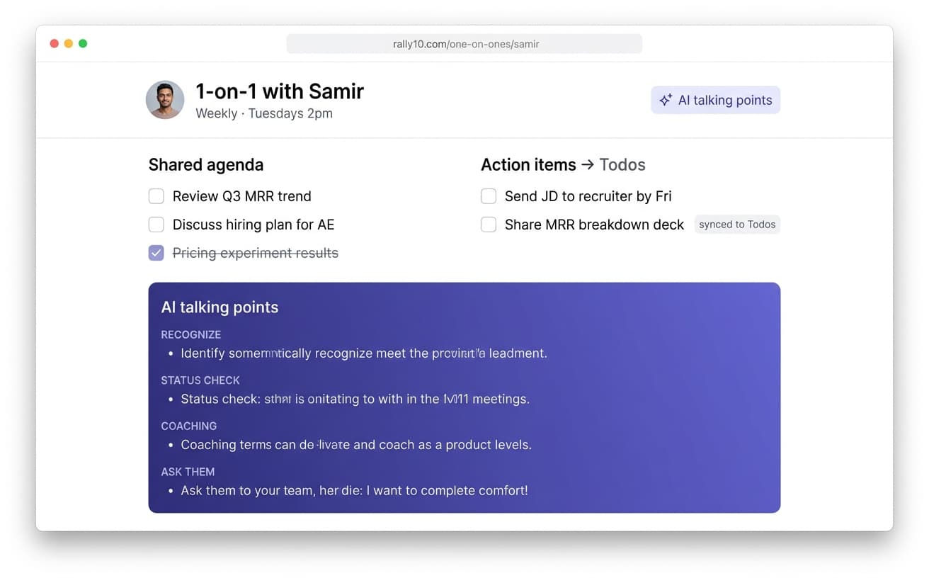 Rally10 1-on-1 workspace — shared agenda, action items, AI talking points