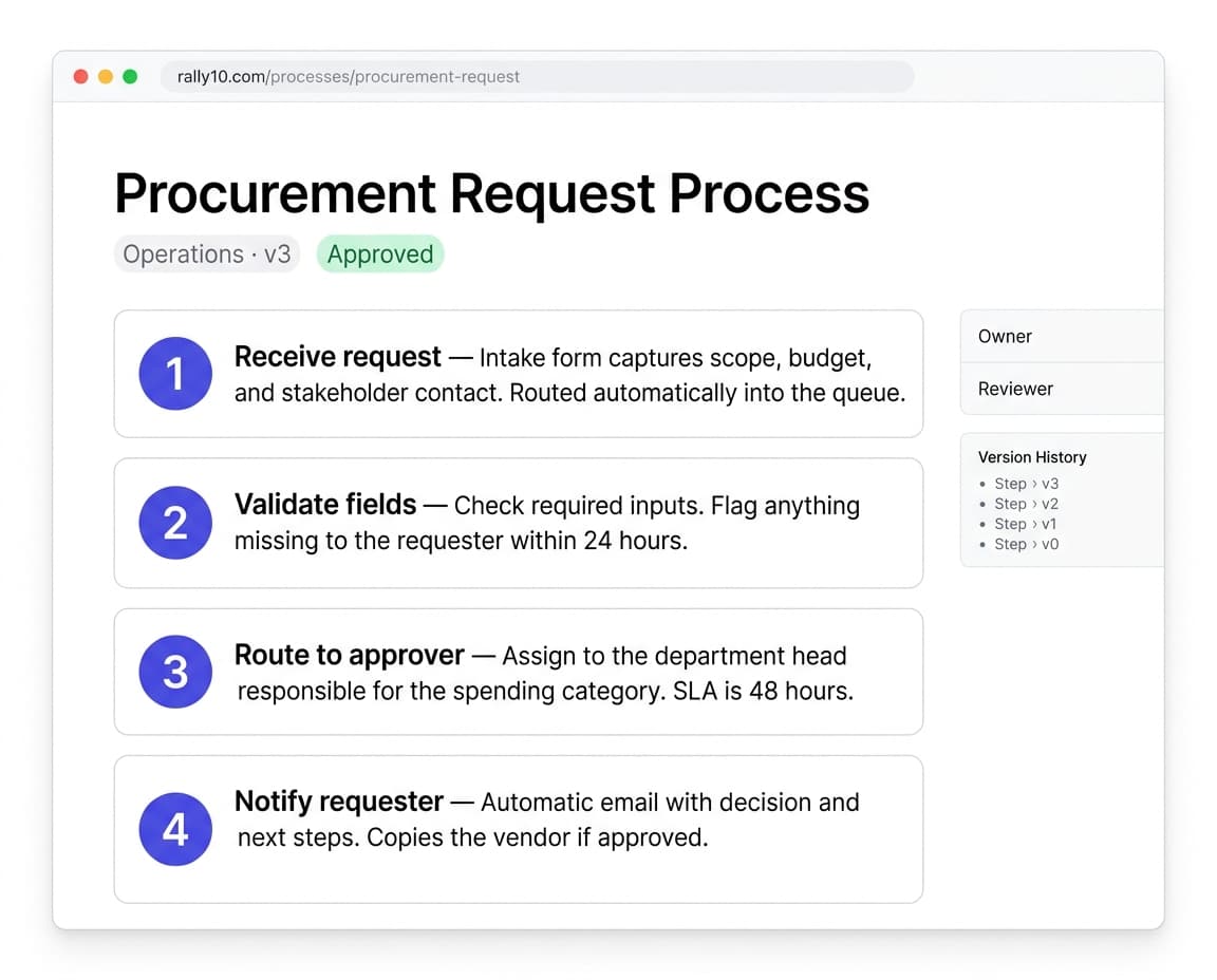 Rally10 Process Documenter — structured steps with owner and reviewer